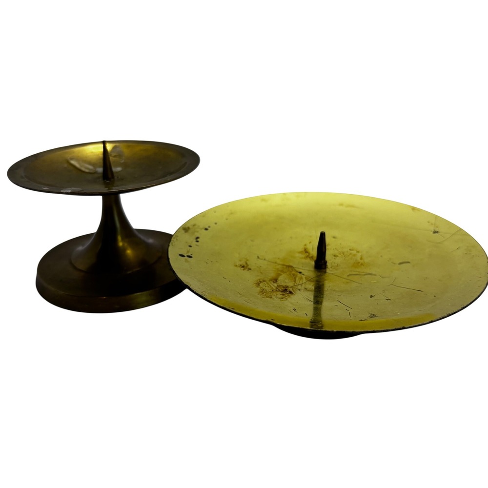 Vintage Brass Pillar Candle Holders Set of 2 Spike Plate Pedestal Made in India